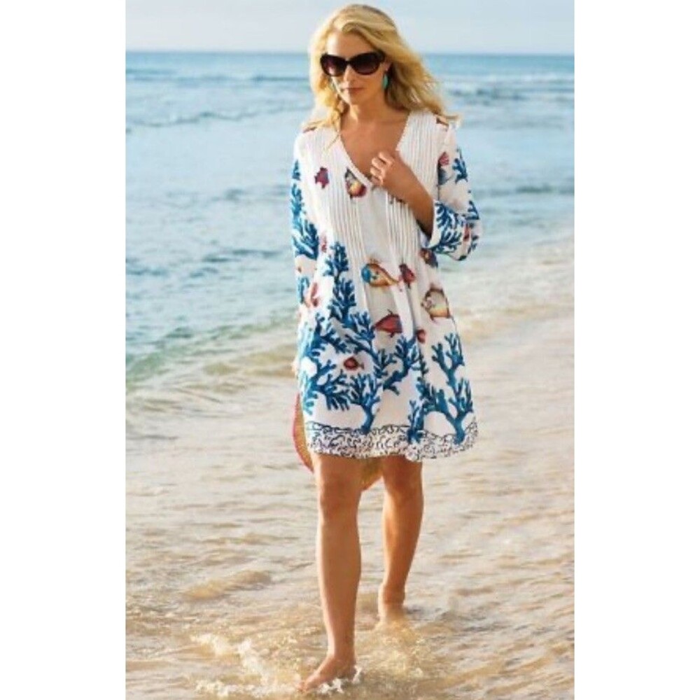 Soft Surroundings Seychelles Beaded Trim Fish Tunic Coverup White  Sz XS (FLAW)